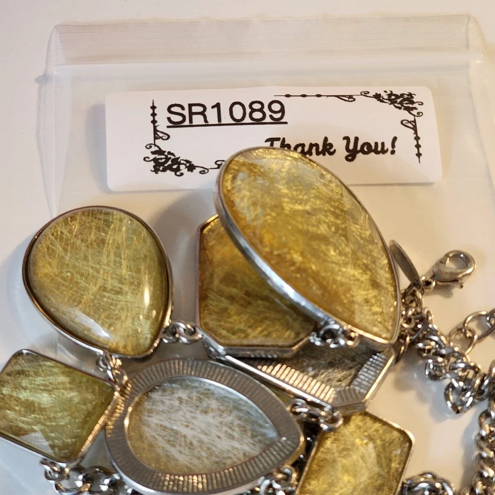 New York & Co. Gold Fiber Resin Bib Statement Necklace Silver Tone Chunky Modern